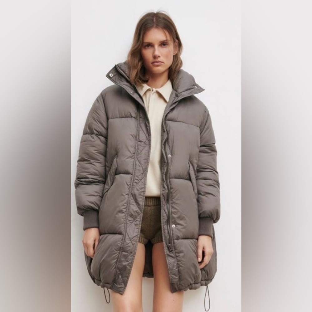 ZARA Taupe Long Puffer Jacket Hooded Quilted Coat Size L